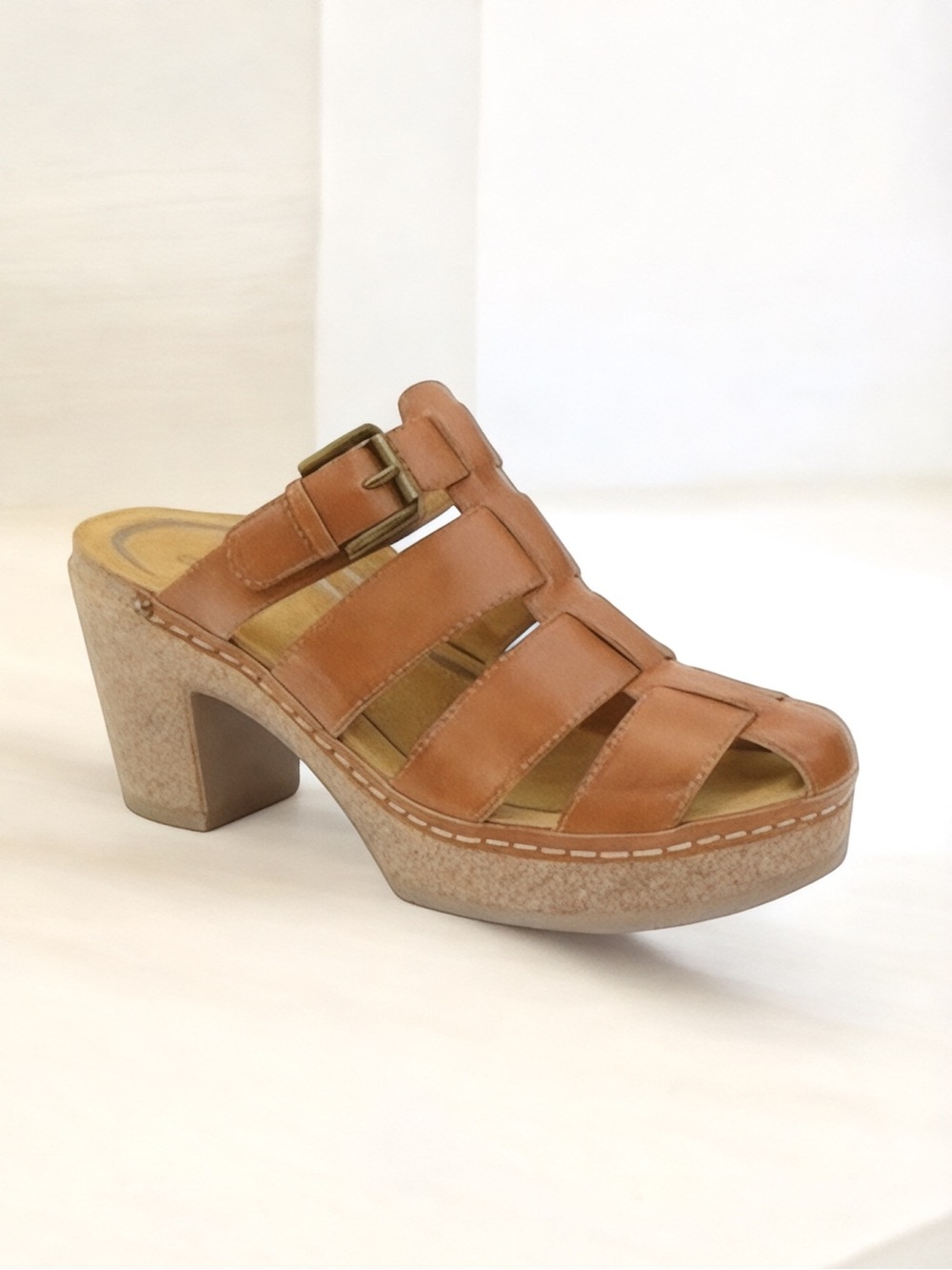 Aetrex Cognac Brown Leather Cally Fisherman Clog Mule Cork Heel Memory Foam US10